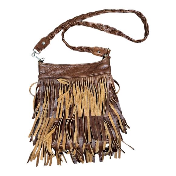 Vintage Brown Leather Fringe Crossbody Bag Made In Mexico Braided Strap Boho - Picture 1 of 7